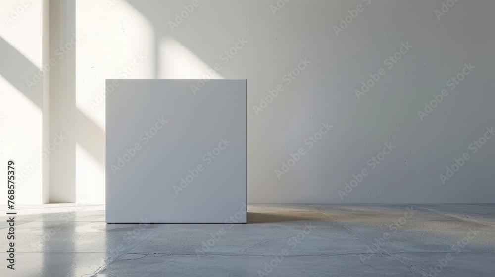 Poster Studio background with a white cube on a black wall. Rendering in 3D