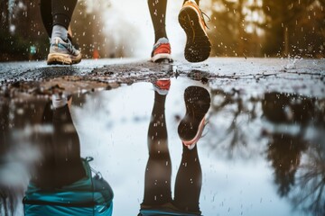 runners reflection in a puddle during a rain jog