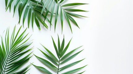 A flat lay of a green palm leaf branch on a white background. Top view.