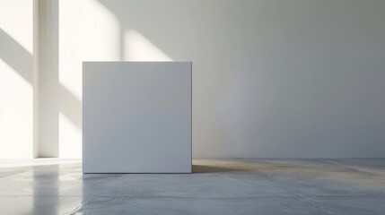 Studio background with a white cube on a black wall. Rendering in 3D