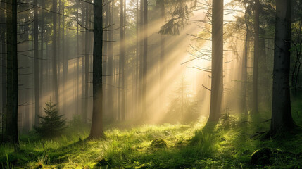Radiant sun rays bursting through the morning mist in a peaceful forest, creating a serene and majestic atmosphere - obrazy, fototapety, plakaty