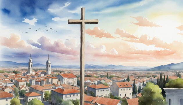 Watercolor painting of a Christian cross over the town on a white background colorful background