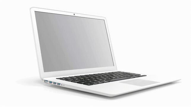 Blank white laptop screen isolated on a white background, with a white aluminium body