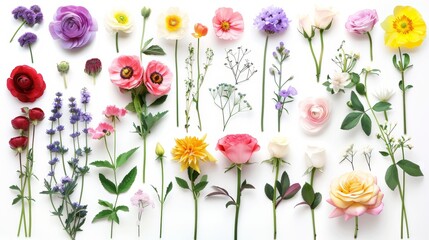 Flowers on white background with different kinds of beauty