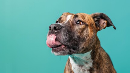 Photograph of a mixed breed brindle and white rescue dog licking a teal-colored aqua background for a studio headshot