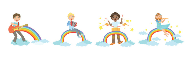 Kid Playing Musical Instrument on Rainbow Vector Set