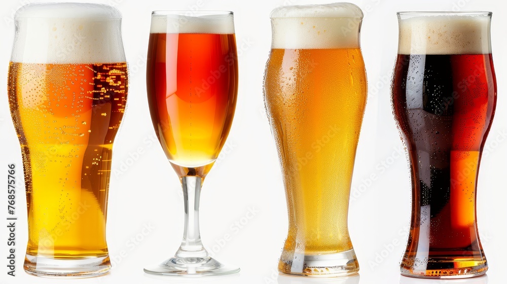 Poster there are four glasses with different beers on a white background. the file contains the path to cut