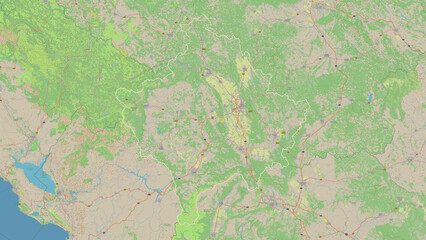 Kosovo outlined. OSM Topographic German style map
