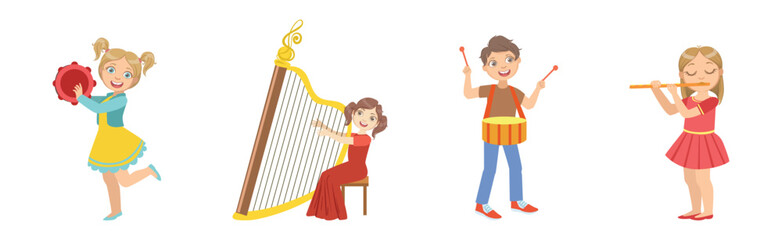 Kid Playing Musical Instrument Enjoy Melody Vector Set