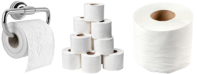 White toilet paper bundle, on a holder, as a stack and a single roll, isolated on a transparent background