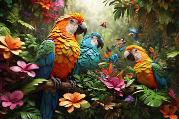 Colorful parrots in the jungle