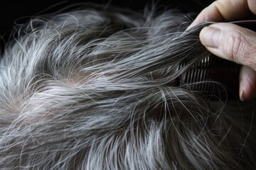elderly person combing through gray hair - obrazy, fototapety, plakaty
