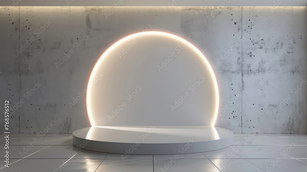 Poster sci-fi white empty room concept with semi circle glowing neon lighting. modern rendering 3d shape, p