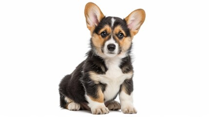 Portrait of a Pembroke Welsh Corgi puppy seated in front of a white background, looking forward