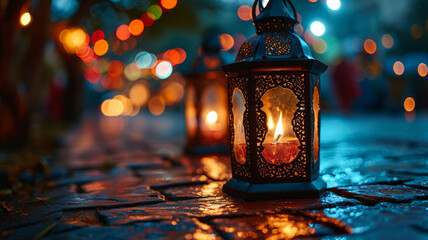 Lantern with burning candle on the street in the night.