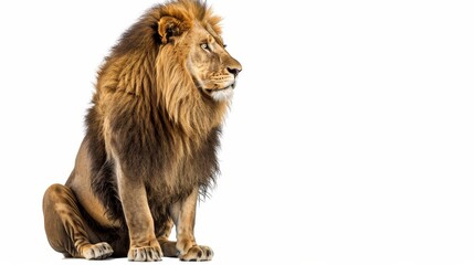An isolated white background with a sitting lion staring off into the distance, Panthera Leo, 10 years old - obrazy, fototapety, plakaty