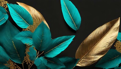 Elegant Harmony: Widescreen Black Canvas Adorned with 3D Abstract Turquoise and Gold Leaves"