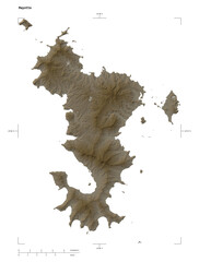Mayotte shape isolated on white. Sepia elevation map
