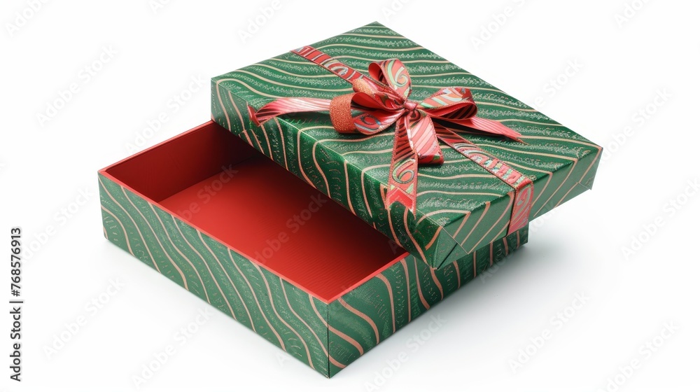 Poster a green and red gift box with a ribbon and a bow is isolated on a white background.