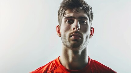 Isolated white background with one caucasian soccer player