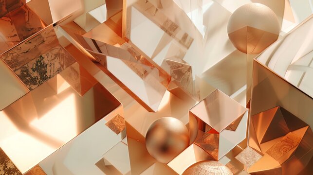 Envision an abstract composition showcasing beige and copper geometric shapes in a mesmerizing 3D render, blending artistic finesse and modern design.