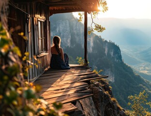 woman sit balcony wood house looking valley mountain cliff