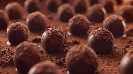 Exquisite Dark Chocolate Truffles on a Deep Chocolate Brown Background.
