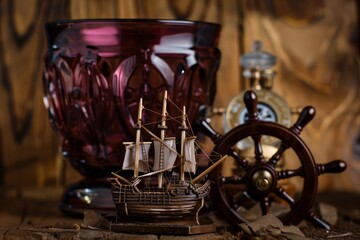 toy ship in a burgundy glass, with a ship wheel and compass as props