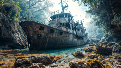 Old shipwreck on the coast of the island of Corfu Greece - obrazy, fototapety, plakaty