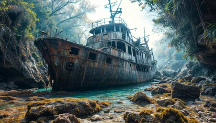 Gardinen Old shipwreck on the coast of the island of Corfu Greece © LAYHONG