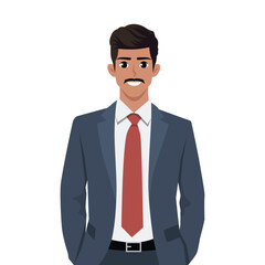 Business man standing in suit with hands in his pockets. Flat vector illustration isolated on white background