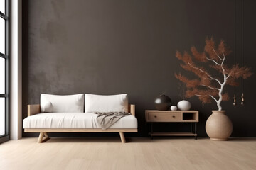 Minimalist chic living room with natural accent - obrazy, fototapety, plakaty