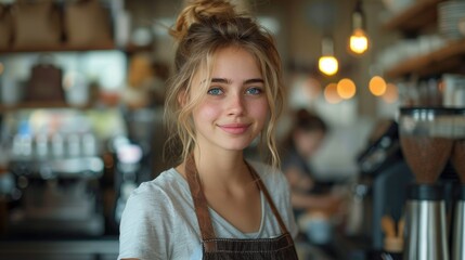 Young smiling woman with green eyes and freckles in a coffee shop.