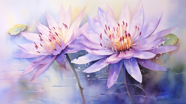 Ethereal and Enchanting Watercolor Lotus Blossoms Reflecting in a Tranquil Pond