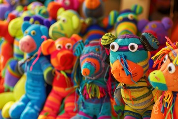 a collection of vibrant sock puppets for sale at a craft market