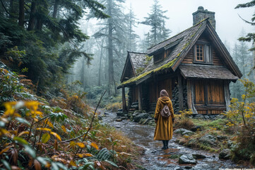 Beautiful young woman in a yellow raincoat standing in a small wooden house in the mountains.
