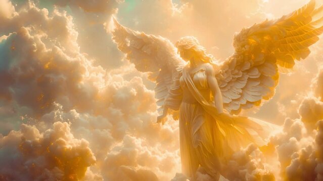 Guardian angel in the clouds of heaven. Spiritual background. Archangel. Heavenly angelic spirit with wings. White angel. Belief. Afterlife. Spiritual Angel. Blessing. Sky clouds with bright light ray