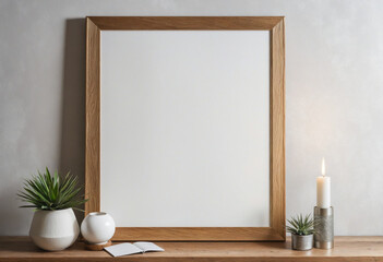 Blank white canvas on a wooden frame displayed on a table colorful background