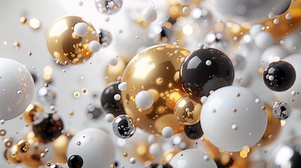 Imagine a captivating 3D render featuring a cluster of abstract spheres and solids in gold, white, and black, creating a visually striking and dynamic composition. 