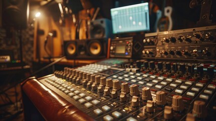 Professional music studio mixing desk. Selective focus photography.