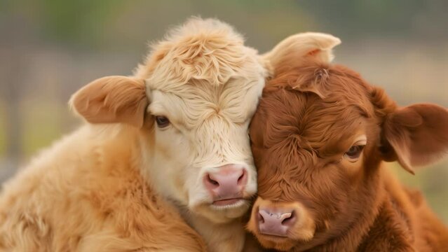 Calf and cattle cuddling together. 4k video animation