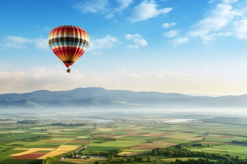 Aerial view of hot air balloon flying above verdant fields with ample copy space