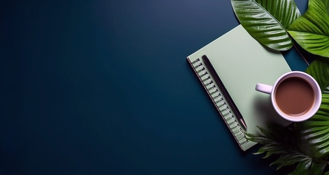 A closed paper notebook, black pen, green leaves of ornamental grass and a cup of coffee in a dark blue desk. View from the top. Image with copyspace for your text. Calm workspace concept.