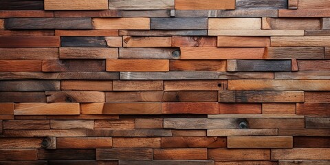 Wooden brick wall texture, wooden background. Beautiful Abstract tiles. Bricks made of various types of wood.