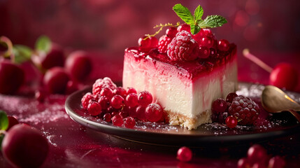 Velvety Raspberry Cheesecake with Fresh Berries on a Luxurious Burgundy Background.