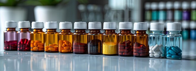 Detailed view of various medication bottles lined up showcasing the diversity in pharmaceutical treatments - obrazy, fototapety, plakaty