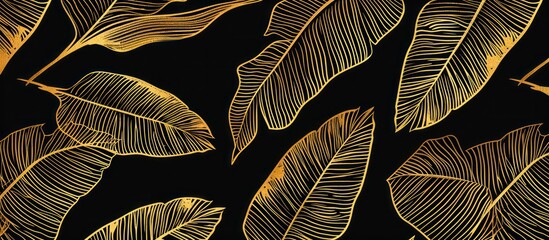 Golden tropical leaves on black background