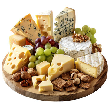 Assorted Cheese Platter with Grapes, Nuts, and Crackers - Transparent Background