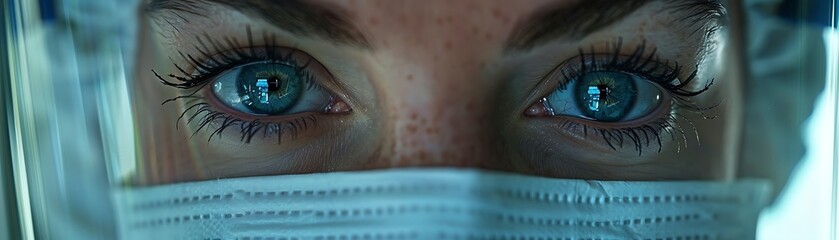 Focused close up of a healthcare professionals eyes wearing protective gear reflecting dedication...