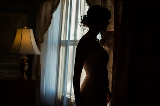 brides silhouette against window with wedding gown